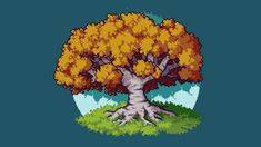 the pixel tree with yellow leaves is shown on a blue background, and it's branches