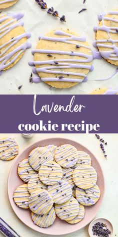 lavender cookies with white icing on a plate