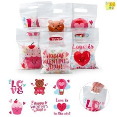 valentine's day treat bags with hearts and cupcakes