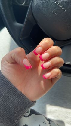 Bright Color French Tip Nails Square, Bright French Tip Nails Square, Hot Pink Vacation Nails, Pink Square French Tip Nails, Hot Pink Tip Nails, Neon Pink French Tips, Bright Pink Acrylic Nails, Square Nails Simple, Short Pink French Tip Nails