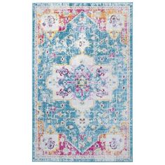 a blue and pink rug with an ornate design