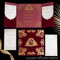 the wedding stationery is red and gold