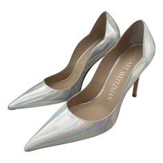 Stuart Weitzman's Iridescent Leather Pumps Are Finished With Scalloped Trim. Leather Upper Pointed Toe Slip-On Style Leather/Tpu Sole Heel Height, 3.25" (85mm) Iridescent Pointed Toe Evening Heels, Iridescent Pointed Toe Heels For Evening, Iridescent Heels With Pointed Toe For Evening, Iridescent Pointed Toe Heels For Formal Occasions, Elegant Iridescent Heels For Spring, Elegant Iridescent Heels For Evening, Iridescent Heels For Formal Occasions, Scalloped Trim, Stuart Weitzman Shoes