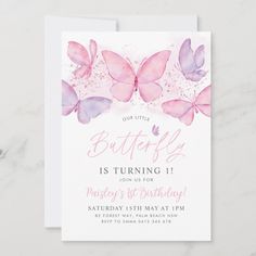 a pink butterfly birthday party card with watercolor butterflies on the front and bottom of it