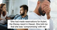 a man and woman sitting next to each other in front of the ocean with text that reads she had made reservations for person, the disney resort in hawaii she told