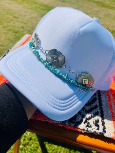 Yee Haw 🤠 Does the perfect trucker hat w/chain exist? YES!! This trucker hat w/ removable chain is made up of 3 chains, 2 silver and one with turquoise faux stone beads. The beaded chain is made up of wire so you are able to adjust it to your trucker hat. Hat Chain, Hat Bar, Crafty Mama, Yee Haw, Bead Chain, Faux Stone, Beaded Chain, Trucker Cap, Stone Beads