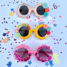 "These personalizable sunglasses are the perfect for your littles this spring and summer! There are many colors to choose from, and the customization possibilities are endless! Add your child's name, or a cute phrase like \"flower power\", \"sunflower cutie\", \"mini\", etc.  These make a great gift for events, baby showers, photoshoots, sleepovers, birthday parties and more! HOW TO ORDER: 1. Choose the color of sunglasses 2. Select your style * If personalized add your customization in the personalization box (max of 10 characters) *The flowers will be chosen based off of the sunglasses color you choose - we will choose whatever matches them the best! NOTE: additional customization is available please message me for further details. * Anti-Glare * UV Protection (UVA & UVB) * Durable and s Playful Multicolor Sunglasses For Spring, Playful Personalized Sunglasses For The Beach, Playful Personalized Sunglasses For Beach, Summer Birthday Sunglasses With Tinted Lenses, Playful Personalized Beach Sunglasses, Fun Multicolor Sunglasses For Spring, Fun Multicolor Spring Sunglasses, Summer Tinted Sunglasses For Birthday, Fun Personalized Sunglasses For The Beach