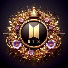 the bts logo surrounded by purple flowers and gold leaves on a black background with a crown