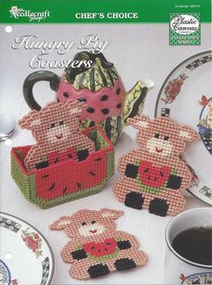 an advertisement for the cross stitch pattern book, featuring three little pigs and a teapot