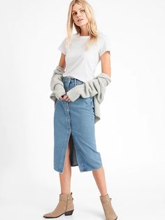 Petite Denim Midi Skirt | Banana Republic Denim Midi Skirt Outfit, Button Front Denim Skirt, Shopping Wishlist, Midi Skirt Outfit, Going Green, Shopping Ideas, Denim Midi Skirt, High Waisted Denim, Fashion Classy