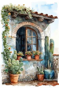 a watercolor painting of a window with potted plants and cacti on the windowsill