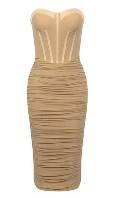 This Bandeau Ruched Corset Midi Dress is perfect for a night out on the town. The brown color is eye-catching and will make you stand out in a crowd. The corset style will show off your curves. and the midi length is stylish and modern.Gentle Dry Clean OnlyColour may vary due to lighting on images. The product images (without model) are closest to the true colour of the product.Item runs true to size chart and is cut to suit our size chart. Please refer to our size chart for the best fit. Do not Corset Draping, Corset Midi Dress, Draped Midi Dresses, Midi Pencil Dress, Spandex Top, Strapless Corset, Designer Drapes, Denim Mini Dress, Body Sculpting