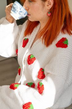 Winter Strawberry Cardigan | White Red Handmade knitted and Cotton | Sustainable Recyclable Sweater, Oversize Unique White Chunky Cozy Clothing Winter Strawberry Cardigan is handmade knitted and %30 wool %70 acrylic 🍓 it will complete your outfit in every occasion. Send me a message for further information and shipping details. I will gladly reply :) Material: %30 wool %70 acrylic Color: White and Red as picture Size: Our model wears M. S: waist: 16,5 inchx2-lenght:18 inch M: waist: 17,3 inchx2 Red Casual Knitted Cardigan, Casual Red Knitted Cardigan, Handmade Casual Red Outerwear, Casual Handmade Red Outerwear, Casual Red Handmade Outerwear, Strawberry Cardigan, Cozy Clothing, Red Knit Cardigan, Trendy Christmas Outfits