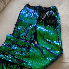 Great Condition Sequin Pants By Chinese Designer Mukzin. Fully Lined And Sit Above The Hip. Fun Party Pant Summer Green Sequined Bottoms, Green Stretch Sequined Bottoms, Spring Green Sequined Bottoms, Blue Sequined Stretch Bottoms, Disco Full-length Sequined Pants, Sequin Pants, Party Pants, Blue Green, Pant Jumpsuit