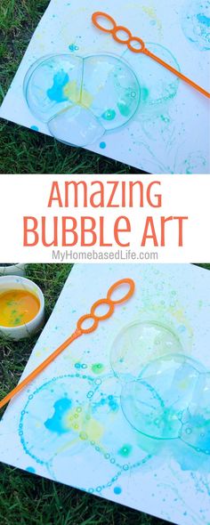 an art project that uses bubble paint and scissors to create bubbles on canvases with the words, amazing bubble art