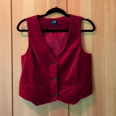 Red Velvet Vest, Size Small, Never Worn. Red Clothes Women, Red Fitted Vest For Spring, Fitted Red Vest For Spring, Fitted Red Winter Vest, Fitted Red Vest For Winter, Red Gap Tops For Fall, How To Wear Vests Women, Red Vest Outfit, Cute Vests