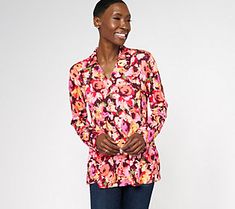 Brighten up your daily wardrobe with the fresh floral print that covers this silky V-neck top. From Isaac Mizrahi Live!TM. Isaac Mizrahi, V Neck Tops, Floral Print, Top Blouse, Floral Prints, Tops & Tees, V Neck, Wardrobe, Floral