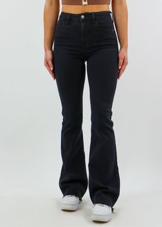 These high-waisted black flare jeans are everything you need and more in a pair of jeans! The high-waisted fit makes these pants flattering on everyone. We also love how they are tight on the thighs and then flare out at the bottom which makes them stand out against your average pair of black jeans! You should definite Black Boot Cut Jeans Outfit, Apocalypse Oc, Mechanic Style, Bootcut Jeans Black, Flare Black Pants, Black Flared Jeans, Party Jeans, Black Flare Jeans, Black Bootcut Jeans