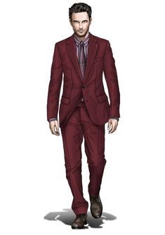 a drawing of a man in a red suit and tie with his hands in his pockets