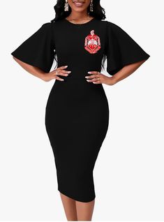 Delta Sigma Theta Dress with sorority shield embroidered on the dress. This dress is SUPER comfortable This is a bodycon dress, you might need to go up a size! PLEASE check the size chart before purchasing this dress! Black Fitted Crew Neck Midi Dress, Black Fitted Midi Dress With Crew Neck, Black Stretch Crew Neck Dress, Fitted Short Sleeve Embroidered Midi Dress, Fitted Embroidered Knee-length Mini Dress, Fitted Embroidered Midi Length Dress, Fitted Embroidered Midi-length Dress, Fitted Embroidered Short Sleeve Dresses, Embroidered Fitted Dress With Short Sleeves