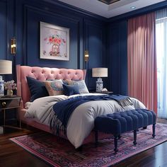 a bedroom with blue walls, pink bedding and an upholstered headboard