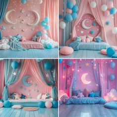 this is an image of a bedroom decorated in pink and teal colors with balloons