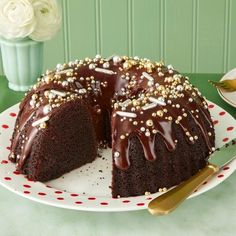 a bundt cake with chocolate frosting and sprinkles on a plate