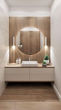 a bathroom with a sink, mirror and wooden paneled wall in the middle of it