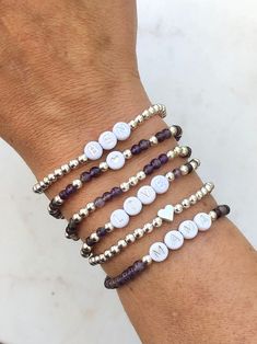 🔹 Design the personalized word bracelet that you have always wanted! These stacking mama bracelets can be customized so you can get exactly what you want. 🔹They are made with amethyst, rose quartz or aquamarine gemstones beads, 18k gold plated beads, 18k gold filled beads, sterling silver beads or rose gold beads and then strung together with a strong elastic cord. 🔹Please add each bracelet style separately to your cart. They will be sent to you as a stack. 🔹Each custom beaded bracelet stack Hypoallergenic Silver Friendship Bracelets For Mother's Day, Inspirational Personalized Beaded Bracelets For Gifts, Personalized Name Bracelets, Customizable Inspirational Beaded Bracelets As Gifts, Personalized Friendship Bracelets With Round Beads, Personalized Round Beaded Friendship Bracelets, Personalized Name Bracelet With Round Beads For Birthday, Personalized Round Beads Name Bracelet For Birthday, Adjustable Custom Name Bracelet