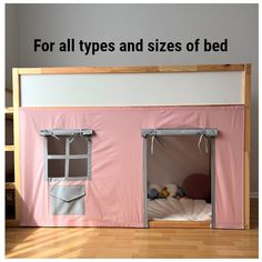 a pink tent bed with two windows on the top and bottom bunk for all types of beds