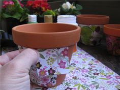 a person holding up a flower pot on top of a table next to other flowers