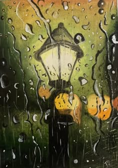 a painting of a person holding an umbrella in the rain