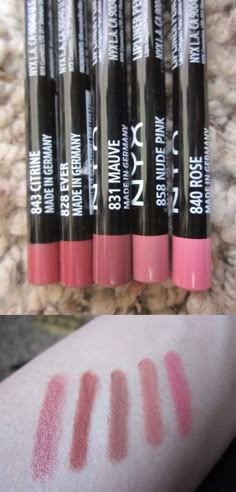 NYX lip pencil swatches Nyx Lip Pencil, Nyx Lip Liner, Lip Pencil Colors, Nyx Lip, Makeup To Buy, Pink Mauve, Makeup Swatches, Yellow Stone, Lip Pencil