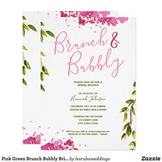 a wedding card with pink flowers and green leaves