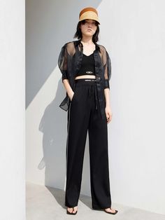 MO&Co. Women Waistbands Drawstring Straight Pants Features : - Straps - Sports style - Double side slip pocketsCode : MBB2PATT03Length of size M is 106.5cmBlack : Model is 178cm tall and wearing a size M MATERIALS & CARE : Material : 76.3% Acetate 23.7% PolyesterMachine wash under 30℃ Do not bleach, hang to dry in the shade Do not tumble dry, iron at low temperature Do not dry clean, do not soak Wash with neutral detergent Reverse into mesh bag for washingTips ：Do not rub and iron special proces Black Trousers With Elastic Side Panels, Black Straight Pants With Elastic Side Panels, Black Trousers With Side Stripes, Black Drawstring Pants For Summer, Black Drawstring Summer Pants, Black Summer Pants With Drawstring, Black Athleisure Pants With Side Stripes, Black Sweatpants With Elastic Side Panels, Stretch Black Pants With Side Stripes