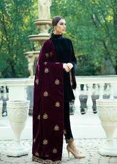 Black velvet Jacket with dabka, tilla and zardozi work on the sleeves, cigarette pants and Belt A very chic and trendy outfit for the winter weddings or festivities (Includes jacket, Pants and Belt) Elegant Velvet Traditional Wear For Diwali, Velvet Traditional Wear With Dabka Work For Party, Elegant Velvet Traditional Wear With Zari Work, Elegant Velvet Diwali Traditional Wear, Party Velvet Salwar Kameez With Zari Work, Elegant Velvet Salwar Kameez For Festive Occasions, Elegant Velvet Salwar Kameez For Diwali, Elegant Long Sleeve Velvet Traditional Wear, Elegant Velvet Traditional Wear For Eid