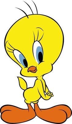 a cartoon yellow bird with big blue eyes