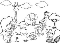 an animal coloring page with different animals on the land, including zebras and giraffes