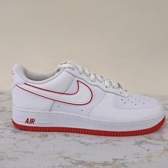 Nike Air Force 1 ‘07 Men’s Style:Dv0788-102 Color:White/Picante Red Classic White Nike Air Force 1 With Boost Midsole, University Red Nike Air Force 1 With Branded Insole, Classic Red Nike Custom Sneakers, Nike Air Force 1 With Red Sole In White, White High-top Nike Air Force 1 With Red Sole, Classic White Custom Sneakers With Air Max Cushioning, Shoes Air Force, Nike Shoes Air, Nike Shoes Air Force