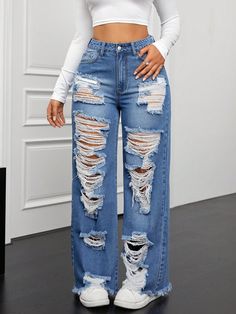 Distressed Ripped Straight Leg Jeans Medium Wash Casual   Denim Plain Straight Leg Non-Stretch  Women Clothing, size features are:Bust: ,Length: ,Sleeve Length: Cute Ripped Mom Jeans, Ripped Jeans Outfit Women, Jeans Style Women, Ripped Jeans Aesthetic, Tomboy Clothes, Surprise Dance Outfits, Baggy Ripped Jeans, Types Of Clothing Styles, Rip Jeans