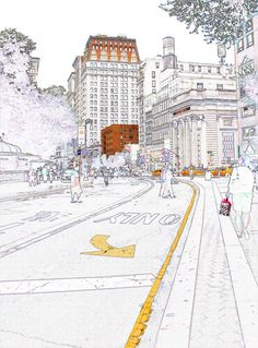 a drawing of a city street with people walking on the sidewalk and buildings in the background