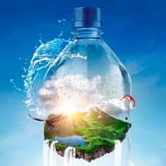 a water bottle floating in the air with an island inside it, surrounded by blue sky and clouds