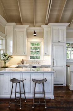 two stools are in front of the kitchen island