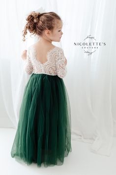 The gorgeous lace back and hunter green skirt will make your little one look delicate and angelic! This dress will make your flower girl look like she is flying down the aisle. Dark Green Velvet Dress With Lace, Purple Green Wedding Theme, Emerald Bridesmaid Dress, Green Flower Girl Dress, Indie Wedding Dress, Emerald Green Wedding Theme, Hunter Green Wedding, Green Flower Girl Dresses, Dark Green Wedding