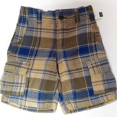 Boy's Gap Cargo Shorts Navy, Olive Green, Tan, And Yellow Plaid Pockets Adjustable Waist Clasp And Zipper On Waistband 100% Cotton Size 5 Waist: 10.5 Inches Length: 14.75 Inches Inseam: 7.5 Inches New With Tag Gap Casual Blue Shorts, Casual Blue Gap Shorts, Blue Gap Shorts With Pockets, Gap Kids Boys, Boys Cargo Shorts, Preppy Boys, Business Casual Summer, Girls Denim Shorts, Green Leaf Print