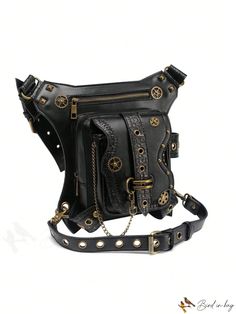 BirdinBag - Studded Messenger Bag: Retro Punk Motorcycle Chain Belt Phone Pouch for Outdoor Use Rectangular Travel Bags With Rivets, Travel Crossbody Bag With Rivets, Punk Style Bags With Rivets For Everyday Use, Alternative Style Bags With Rivets For Everyday Use, Punk Style Bags With Hardware For Daily Use, Punk Style Travel Shoulder Bag, Black Steampunk Bags With Rivets, Punk Crossbody Travel Bags, Punk Style Bag With Rivets For Daily Use