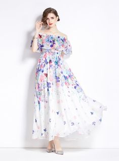 Envision a serene walk through a flourishing garden with this ethereal floral maxi dress. Its whisper-soft chiffon fabric floats around the body, featuring a symphony of pastel florals that bloom against an immaculate white backdrop. The dress offers an off-shoulder neckline draped with a delicate ruffle, adding a romantic flair that’s reminiscent of the first blush of spring. An elasticized waist cinches gently, providing comfort and definition, while the full, flowing skirt glides gracefully t Spring Chiffon Beach Dress, Spring Flowy Chiffon Dress, Flowy Chiffon Spring Dress, White Chiffon Dress For Garden Party, Feminine Flowy Chiffon Spring Dress, Flowy Feminine Chiffon Dress For Spring, Feminine Chiffon Maxi Dress For Spring, Feminine Flowy Chiffon Dress For Spring, Feminine Maxi Length Chiffon Dress For Spring