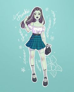 a drawing of a girl with long hair wearing a skirt and holding a handbag