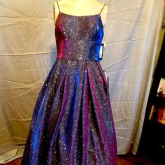 Iridescent Blu/Purple Evening Gown, Full Skirt With Long Train, Back Zipper, Pockets Purple Evening Gown, White Tulle Dress, Floral Wrap Maxi Dress, Cold Shoulder Maxi Dress, Sage Dress, Dress Cottagecore, Exclusive Dress, Maxi Slip Dress, Long Train