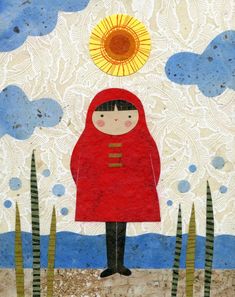 a painting of a woman with a red coat and sun above her head